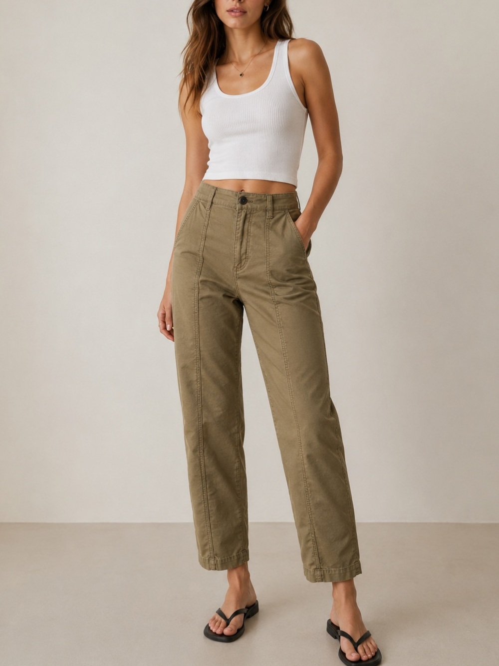 ASKK NY High Rise Utility Pants Khaki Green Front Seam Tapered Pants Size 30